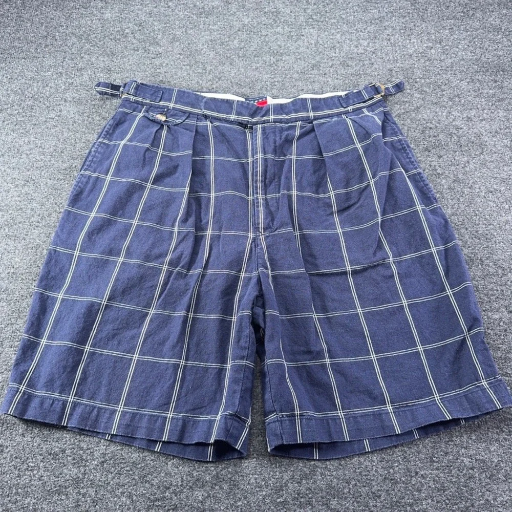 Tommy Hilfiger Mens 34 Blue Plaid Linen Cotton Pleated Shorts Side Adjusters